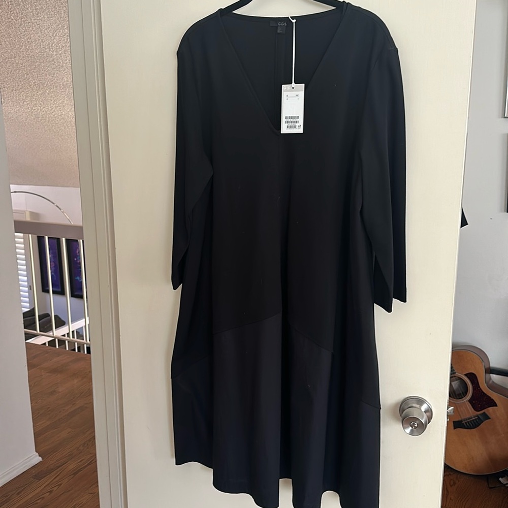 COS black v-neck cotton swing dress, new with tags, size L, 3/4 sleeves
